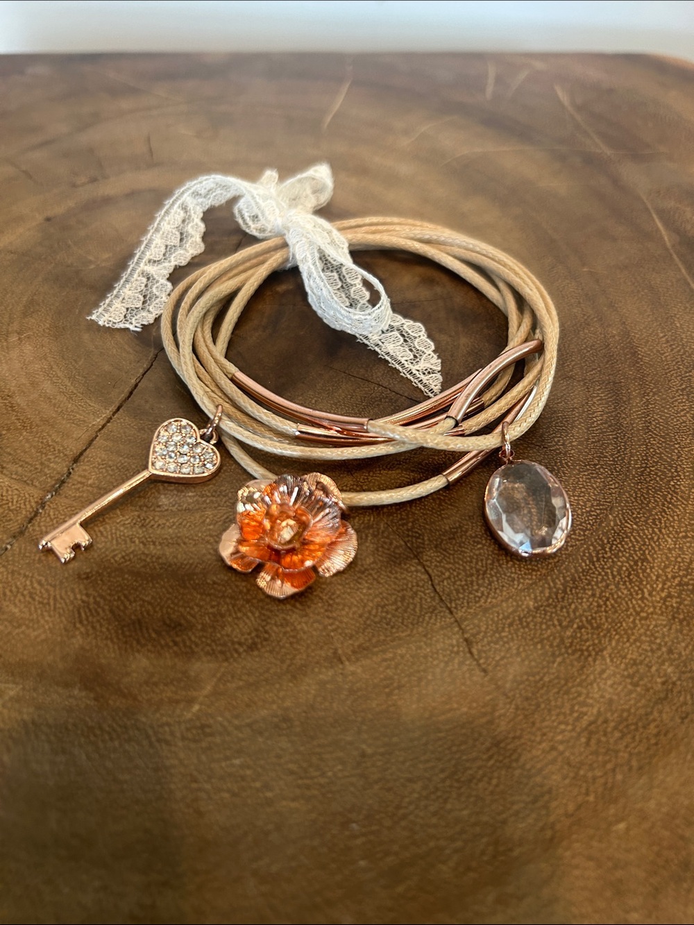 Multi-Charm Rosé Gold Stackable Bracelets with Key, Flower & Crystal Charms